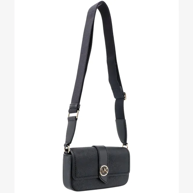 【Michael Kors】專櫃款 GREENWICH 防刮翻蓋旋鈕肩背/斜背二用包-黑色(附原廠防塵袋)