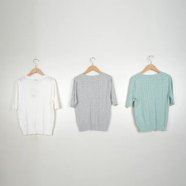 【CUMAR】氣質鏤空領口花邊裝飾短袖針織衫(白 綠 灰/魅力商品)