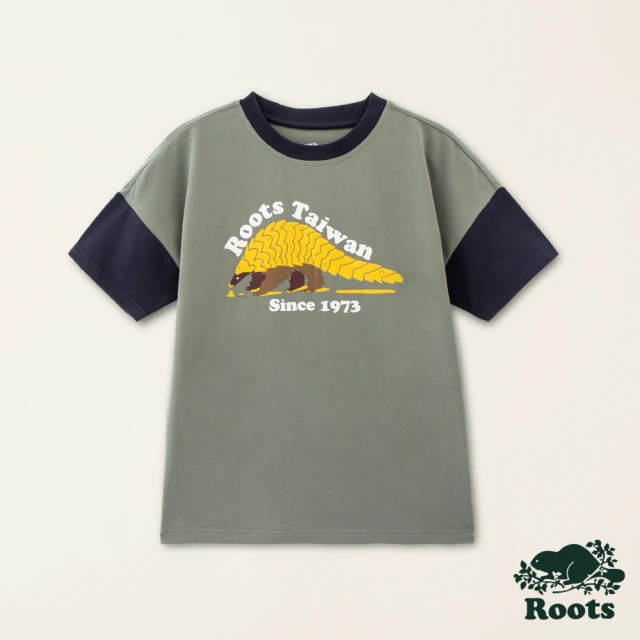 【Roots】Roots大童-Taiwan Day系列 動物拼接袖設計短袖T恤(仙人掌綠)