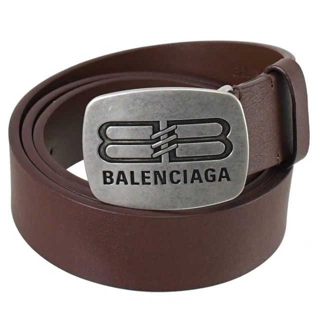 【Balenciaga 巴黎世家】經典復古金屬LOGO牛皮板扣式時尚皮帶(紅棕)