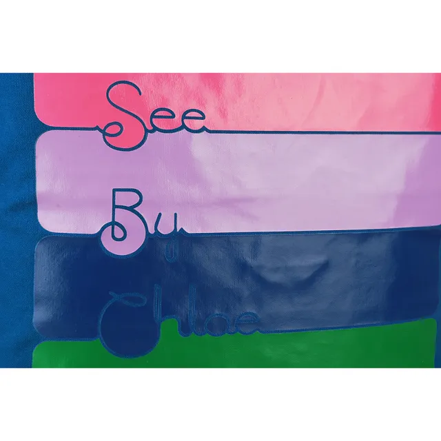 【See by Chloe’】經典LOGO塗鴉色彩造型帆布束口托特購物肩背包(大/藍色)