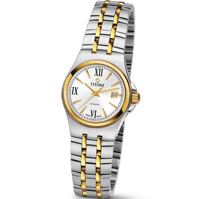 【TITONI 瑞士梅花錶】Impetus 動力系列-白色錶盤不銹鋼間金色錶帶/27mm(23730 SY-520)
