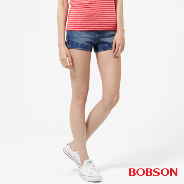 【BOBSON】女款低腰高腰頭牛仔短褲(219-53)