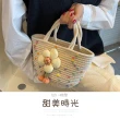 【小眾時尚】韓版花花休閒棉繩編織手提包(可愛 毛球 水桶包 草編包 手機包 野餐袋 度假包 學生 沙灘包)