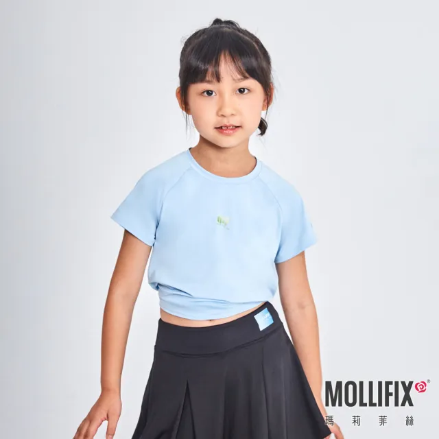 【Mollifix 瑪莉菲絲】美背後透網開岔短袖上衣_KIDS、瑜珈服、瑜珈上衣、運動服、運動T(粉藍)