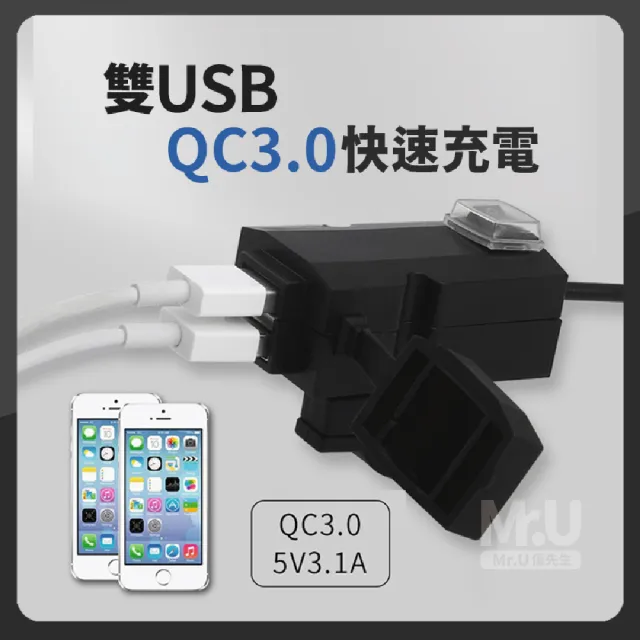 【Mr.U 優先生】雙USB機車QC3.0快充 防水供電座(可免鑽孔安裝 機車車充 防水IP67 環島 外送必備)