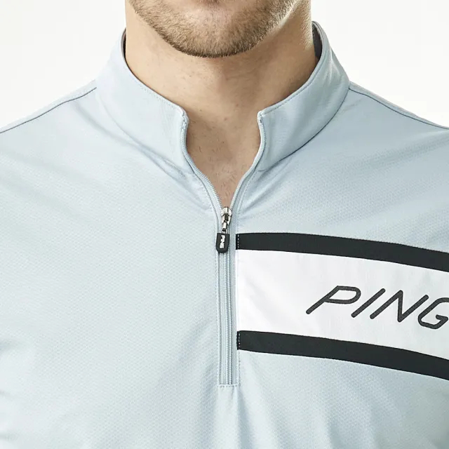 【PING】男款LOGO剪接運動立領短袖POLO衫-灰(吸濕排汗/芳香紗/抗菌防臭/GOLF/高爾夫球衫/PA23122-83)
