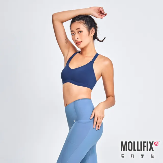 【Mollifix 瑪莉菲絲】微V領可調肩運動內衣、瑜珈服、無鋼圈、開運內衣(經典藍)