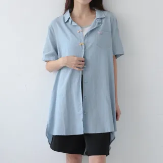 【PINK NEW GIRL】條紋長版翻領排扣短袖襯衫 L5201RD