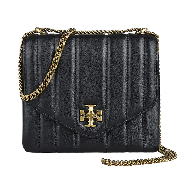 【TORY BURCH】TORY BURCH Kira金屬雙T LOGO直線絎縫羊皮鎖式鏈帶斜背包(黑)