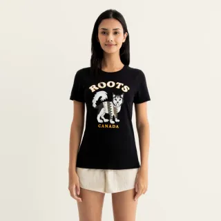 【Roots】Roots女裝-動物派對系列 绒布動物純棉修身短袖T恤(黑色)