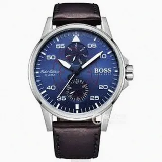 【BOSS】BOSS手錶型號HB1513515(寶藍色錶面銀錶殼深黑色真皮皮革錶帶款)