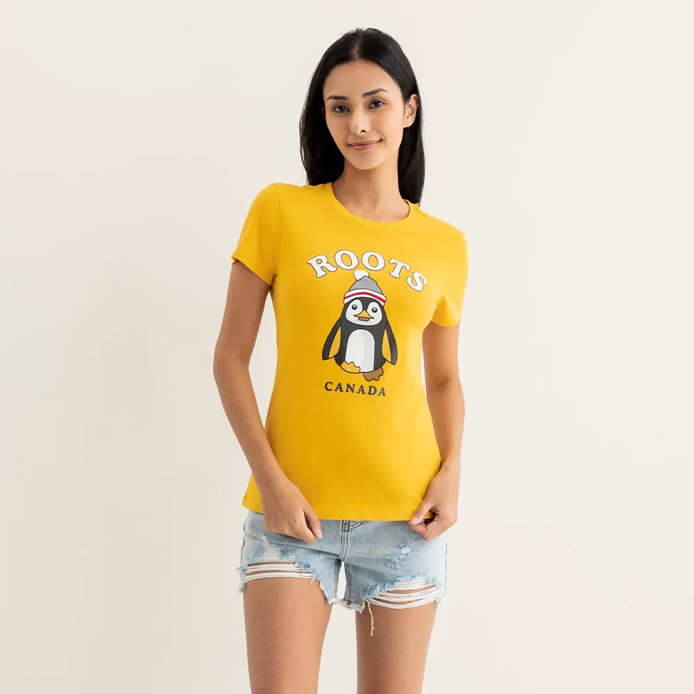 【Roots】Roots女裝-動物派對系列 布動物純棉修身短袖T恤(金黃色)