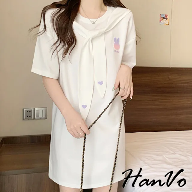 【HanVo】現貨 可愛兔耳披肩短袖中長版洋裝(韓系休閒寬鬆舒適連衣裙 嚴選棉料 韓系女裝 女生衣著 A06-3655)