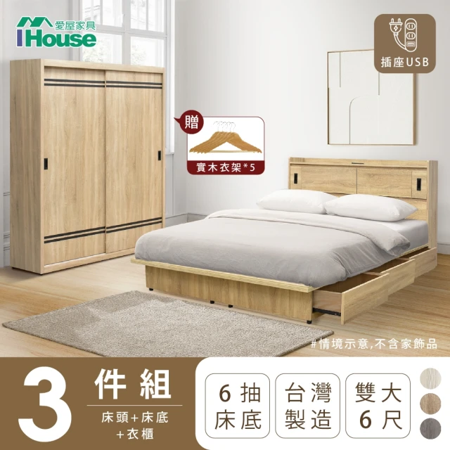 IHouse 品田 房間3件組 雙大6尺(床頭箱+收納抽屜底+衣櫃)