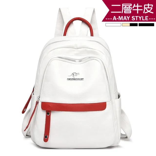 【Amay Style 艾美時尚】女包 真皮包 雙肩包 清新感拼色真皮後背包(3色.現貨+預購)