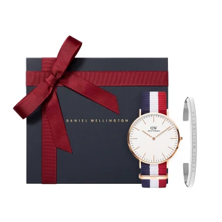 【Daniel Wellington】DW 手錶 飾品禮盒 Classic 40mm經典藍白紅織紋錶 X 經典簡約手環-簡約銀