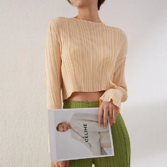 【米蘭精品】現貨+預購 三宅風皺褶衣服褶皺上衣摺衣彈力女裝顯瘦折衣大碼(長袖短款T恤5色74fg20)