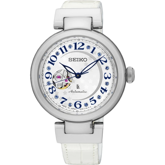 【SEIKO】精工 LUKIA 星月鏤空機械女錶-銀x白色錶帶/34mm 母親節禮物 送行動電源(4R38-01L0W  SSA825J1)