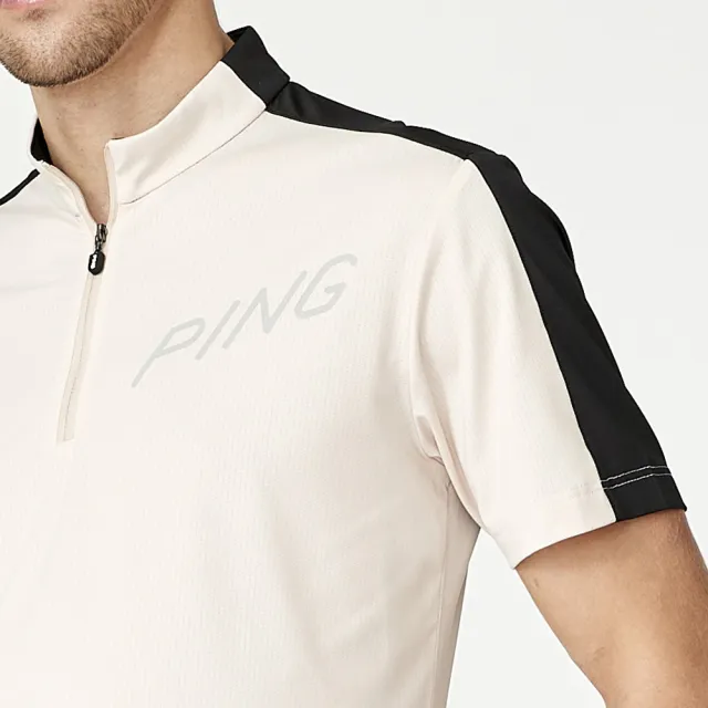 【PING】男款LOGO素面立領運動短袖POLO衫-卡其(吸濕排汗/抗UV/GOLF/高爾夫球衫/PA23128-75)