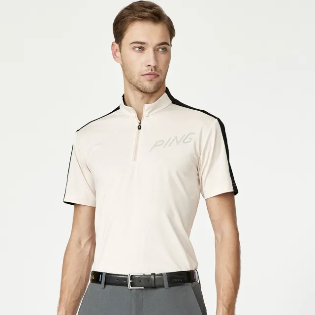 【PING】男款LOGO素面立領運動短袖POLO衫-卡其(吸濕排汗/抗UV/GOLF/高爾夫球衫/PA23128-75)