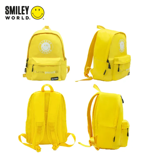 【Smiley World 微笑世界】黃色笑臉休閒防潑水多功能後背包(實用款透氣多夾層背包)