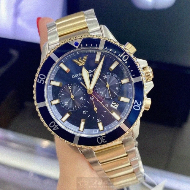 EMPORIO ARMANI ARMANI手錶型號AR00042(寶藍色錶面寶藍錶殼金銀相間精鋼錶帶款)