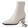 【Sp house】珍珠水晶跟方頭個性彈力短靴(2色可選)