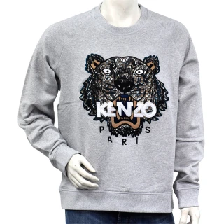【KENZO】老虎蛇紋刺繡印花白字厚版純棉長袖圓領衫(灰4XF93-5SW119-GRAY)