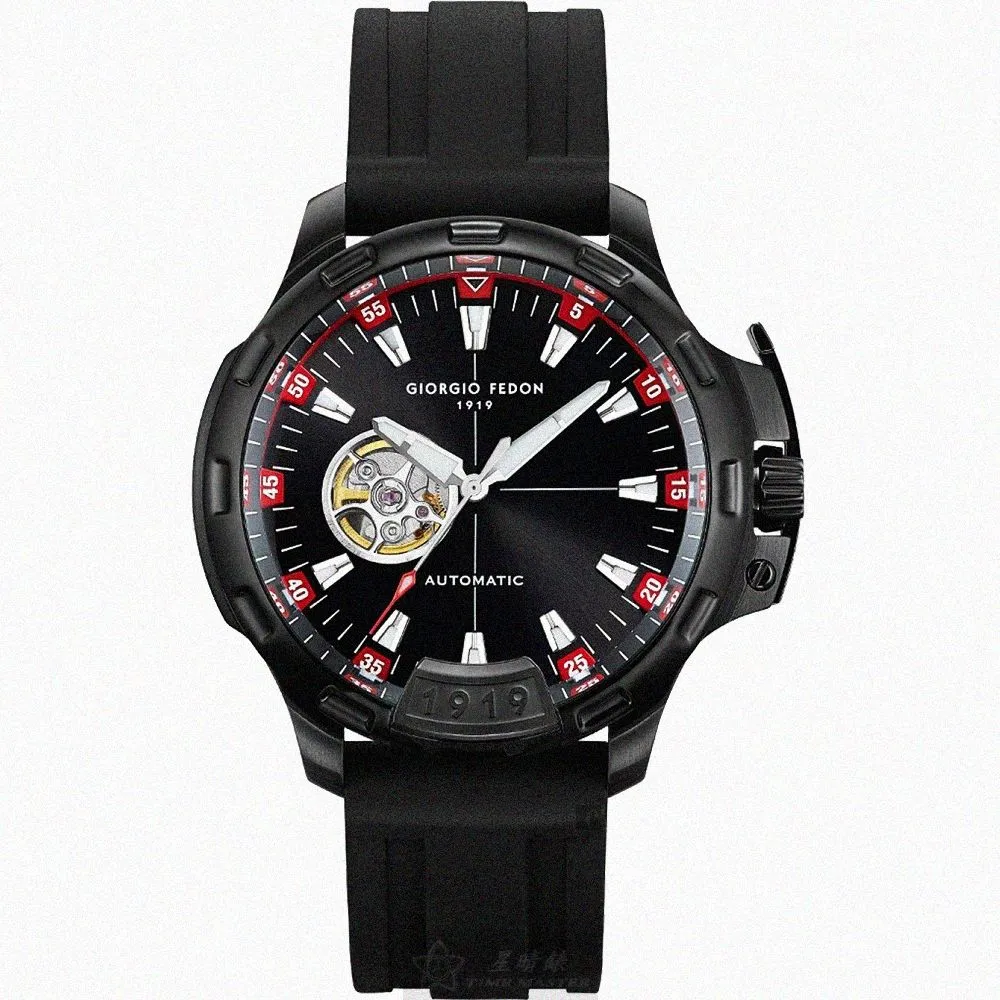 【GIORGIO FEDON 1919】GiorgioFedon1919手錶型號GF00123(黑色雙面機械鏤空錶面黑錶殼深黑色矽膠錶帶款)
