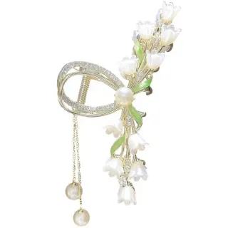 【Jpqueen】鈴蘭花珍珠流蘇馬尾鯊魚髮夾(金色)