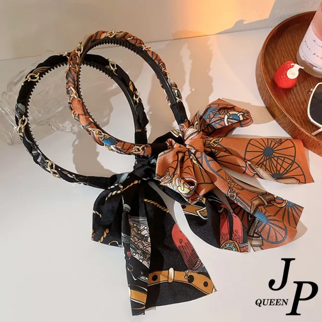 【Jpqueen】復古花漾珍珠流蘇絲巾百搭髮箍髮飾(8色可選)