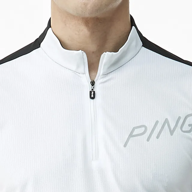 【PING】男款LOGO素面立領運動短袖POLO衫-白(吸濕排汗/抗UV/GOLF/高爾夫球衫/PA23128-87)
