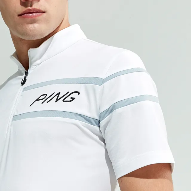 【PING】男款LOGO剪接運動立領短袖POLO衫-白(吸濕排汗/芳香紗/抗菌防臭/GOLF/高爾夫球衫/PA23122-87)