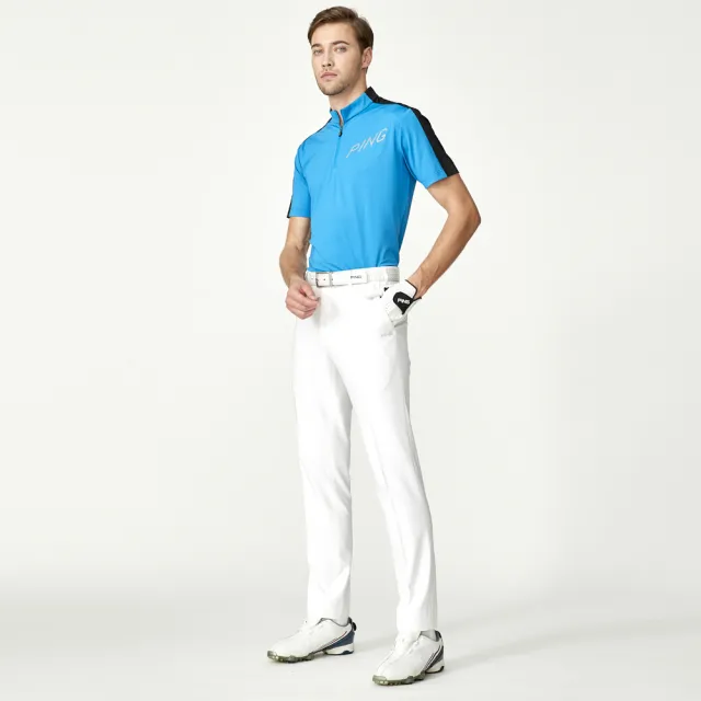【PING】男款LOGO素面立領運動短袖POLO衫-藍(吸濕排汗/抗UV/GOLF/高爾夫球衫/PA23128-56)