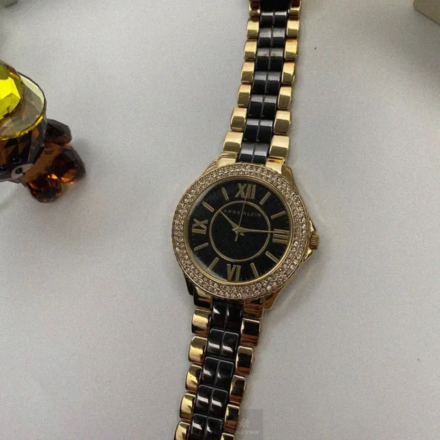 【ANNE KLEIN】AnneKlein手錶型號AN00553(黑色錶面金色錶殼黑金精鋼錶帶款)