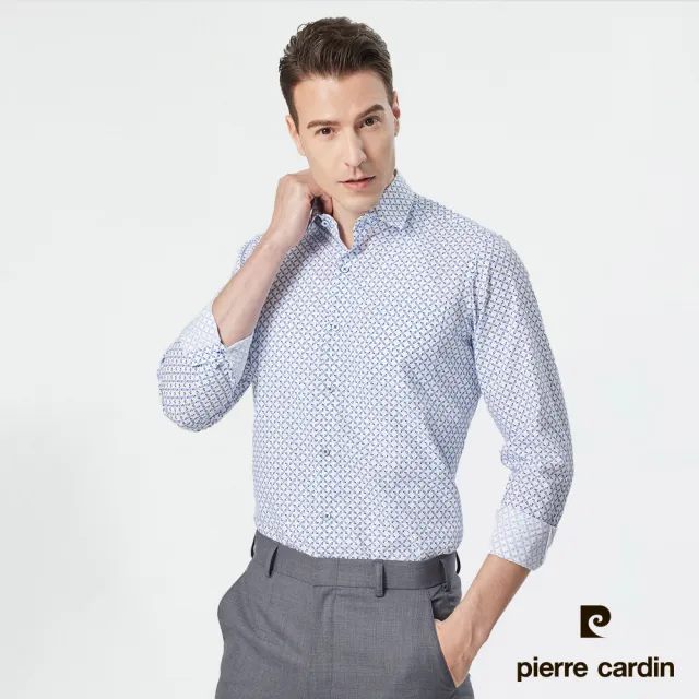 【pierre cardin 皮爾卡登】男襯衫 進口素材合身版防皺都市休閒潮流印花長袖襯衫_白底藍印花(03955-30)