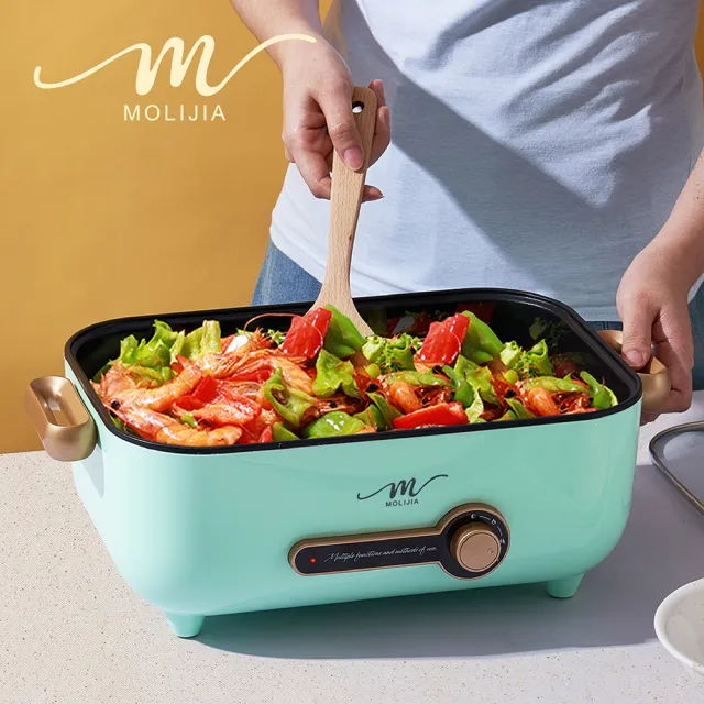 【MOLIJIA 魔力家】福利品-M24 多功能美食料理不沾快煮電火電湯蒸鮮鍋5.3L+不鏽鋼蒸片(BY011024)