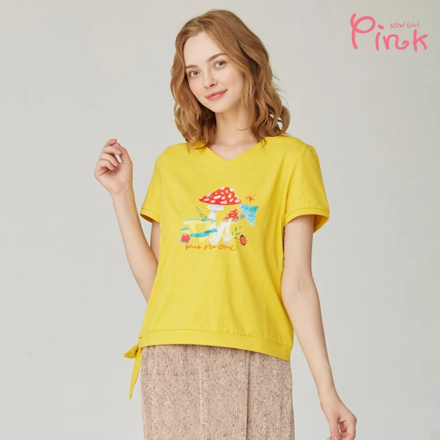 【PINK NEW GIRL】可愛印花側綁結短袖高棉上衣 N1303AQ(2色)