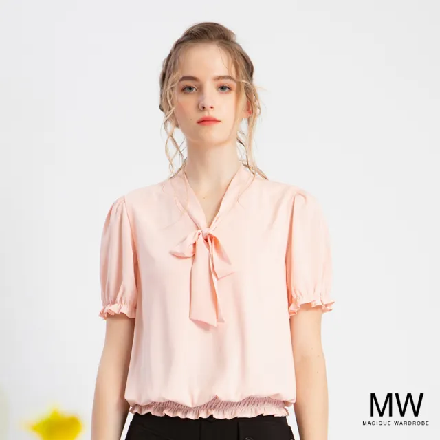 【MAGIQUE WARDROBE】雪紡綁帶鬆緊花苞袖上衣(2色)