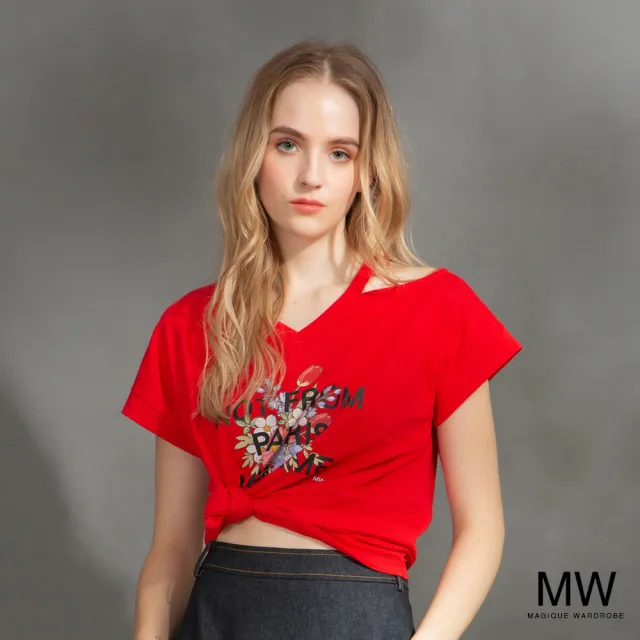 【MAGIQUE WARDROBE】V領斜露肩印花短袖T恤上衣(2色)