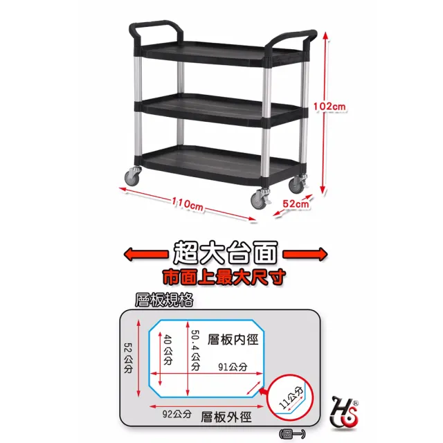 【HUA SHUO 華塑】RA-808LA DIY 大型三層推車-黑色(收納推車/置物推車/餐車/手推車 台灣製造)