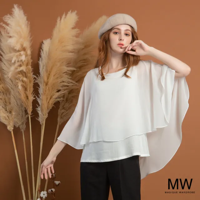 【MAGIQUE WARDROBE】假兩件雪紡波浪披肩上衣(2色)