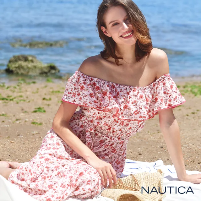 【NAUTICA】女裝 浪漫碎花一字領洋裝(粉色)