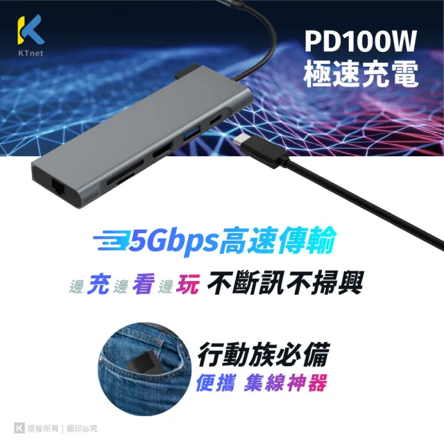【KTNET】T701 TypeC 7合1多功擴充集線器(網口/HDMI/SD/USB3.0/PD 100W)
