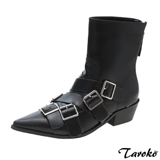 【Taroko】潮流登場扣☆尖頭低跟短筒靴(黑色)