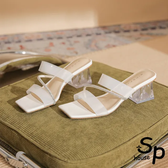 【Sp house】微透一字方頭水晶羊皮鞋墊粗跟涼鞋(2色可選)