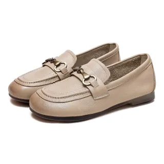 【Vecchio】真皮樂福鞋 低跟樂福鞋/全真皮頭層牛皮寬楦舒適低跟經典樂福鞋(米)