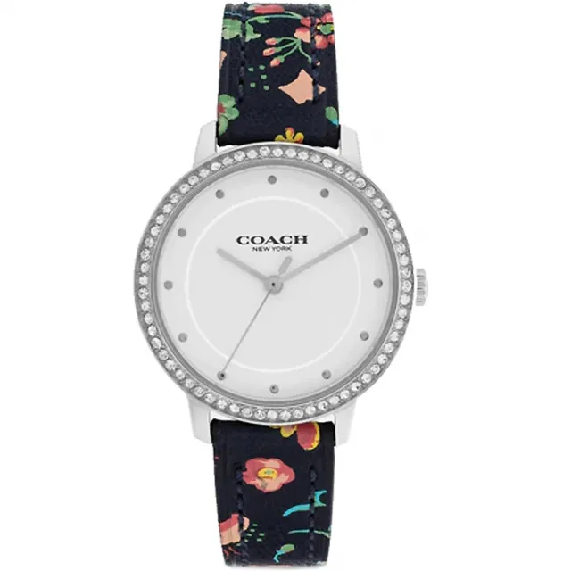 【COACH】RAYDEN深藍彩色花朵X鋯石外圈皮革皮帶手錶