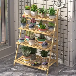 【MINE 家居】楠竹原木色可折疊盆栽架 四層款 72x45x110cm(花架/層架/摺疊架/木架)